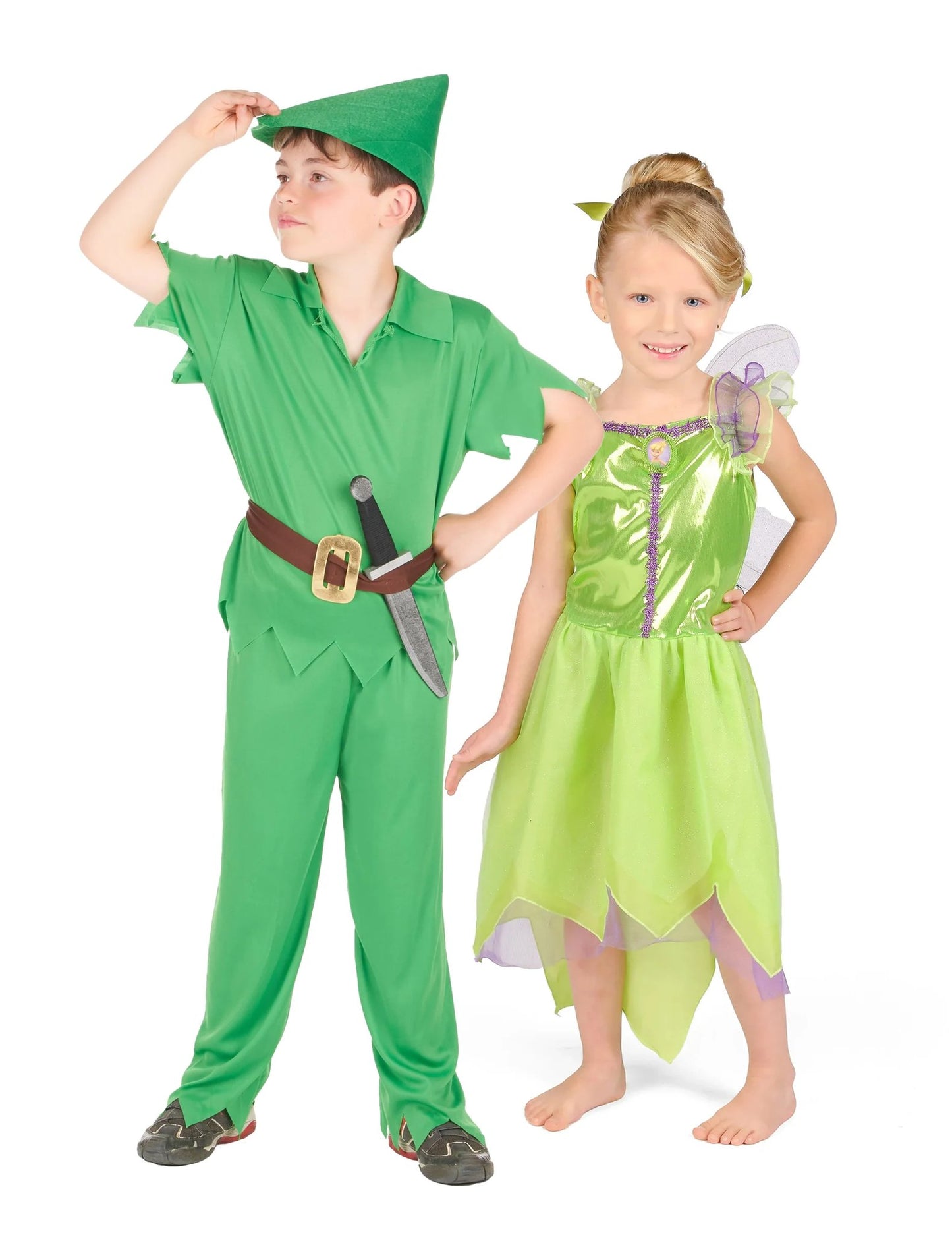 Déguisement de couple garçon du pays imaginaire et Fée Clochette enfants