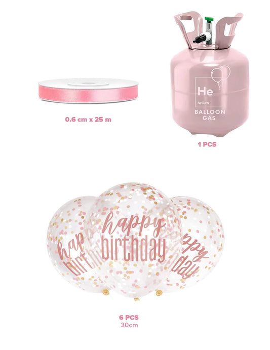 Komplet boce helija s 6 balona s konfetićima Happy Birthday i vrpcom