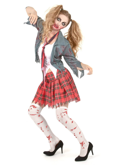 Pakiranje kostima zombi učenice s lažnom krvlju i čarapama za Halloween