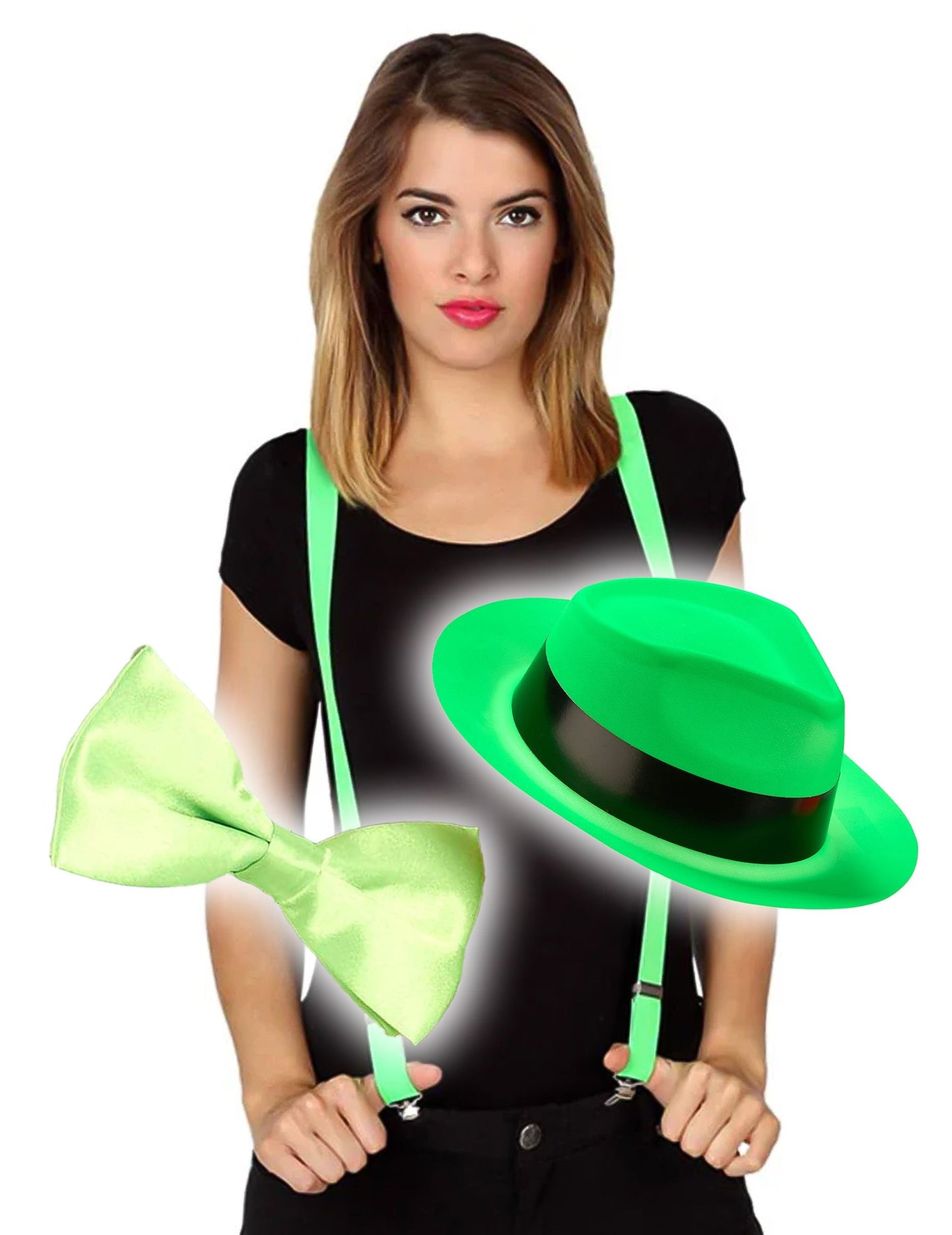 Komplet dodataka s naramenicama, šeširom i leptir-mašnom u fluorescentno zelenoj boji za odrasle