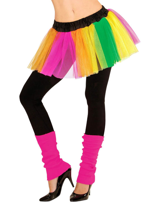 Vue de face du tutu court multicolore fluo arc-en-ciel