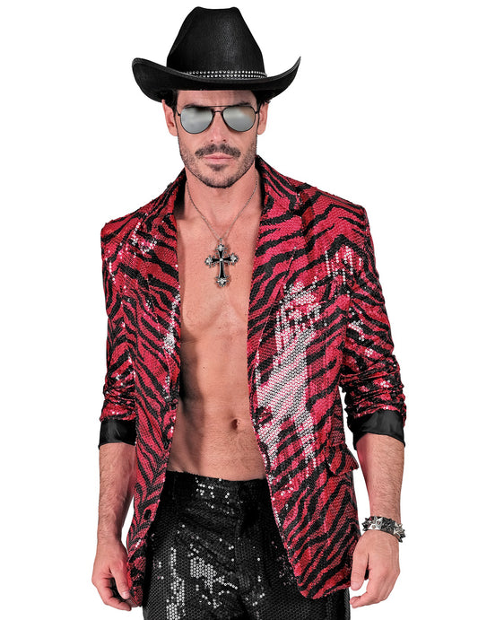 Vue de face de la veste de costume à sequins zébrée rose