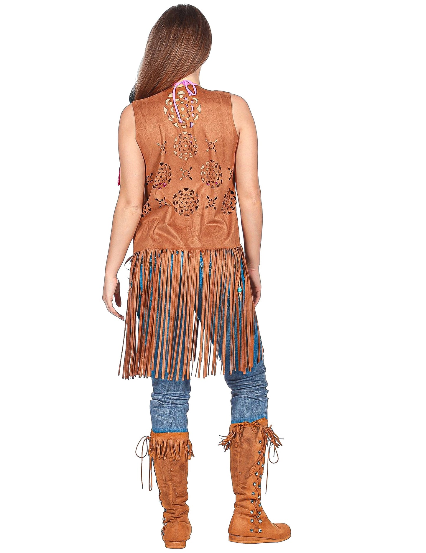 Veste longue à franges marron hippie femme