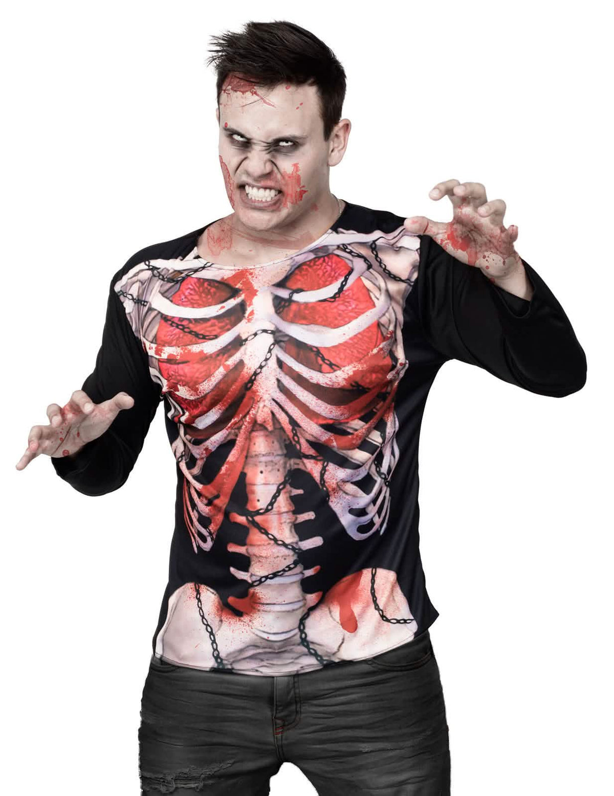 majice zombiji kostur halloween za muškarac crna s otiskom krvave prsne košare