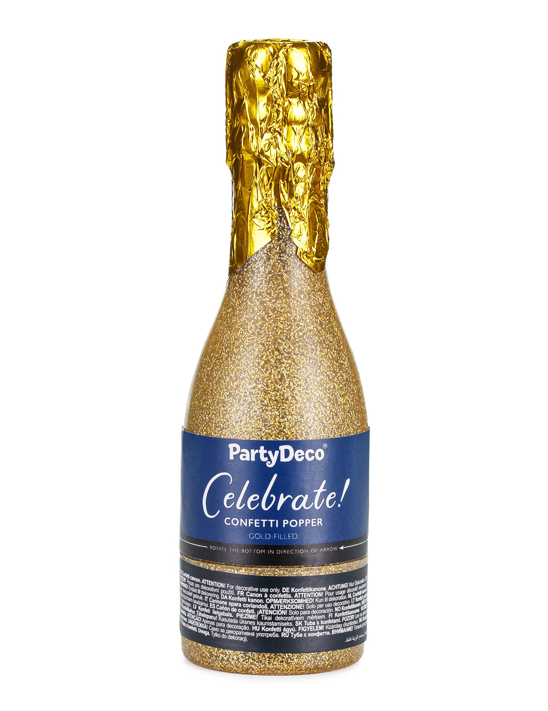 Vue de face du canon à confettis champagne doré métallisé