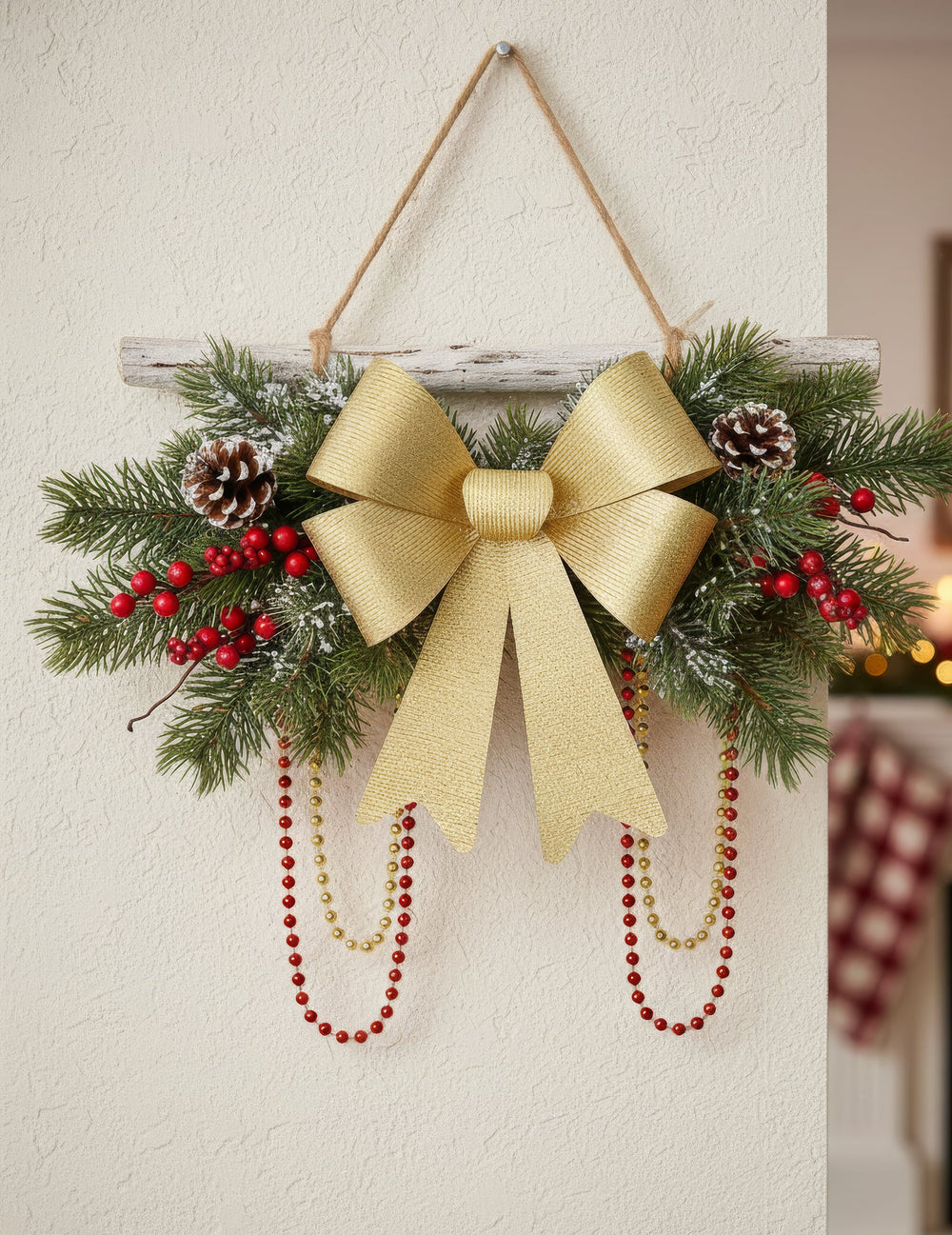 Mise en situation sur une décoration murale du nœud doré brillant pour fête