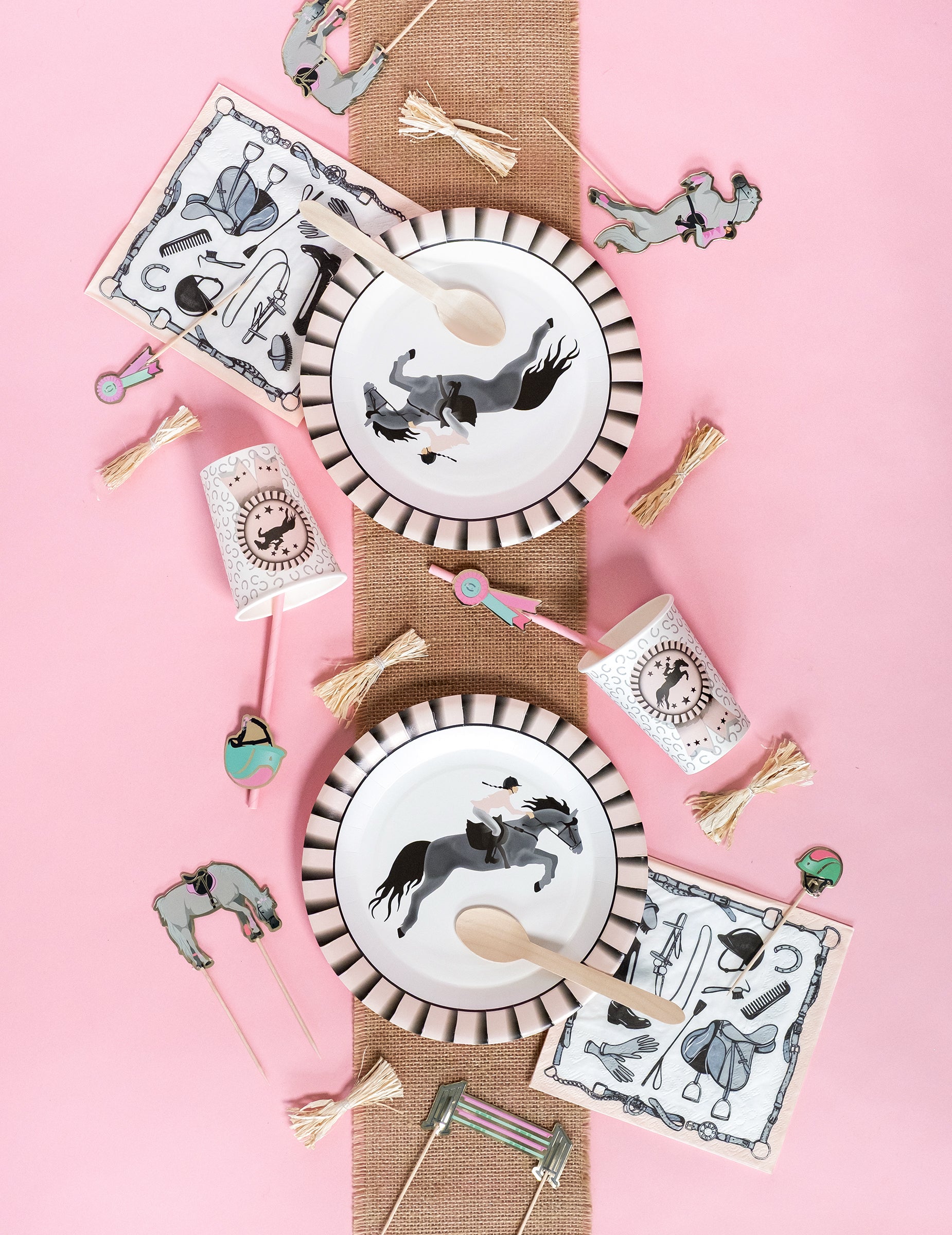 Mise en scène de table complète des assiettes en carton équitation
