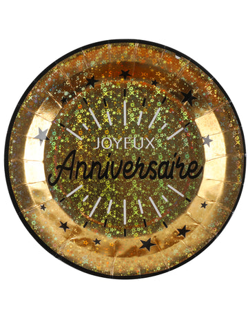 10 crno-zlatnih kartonskih tanjura za sretan rođendan 22,5 cm šik metalik