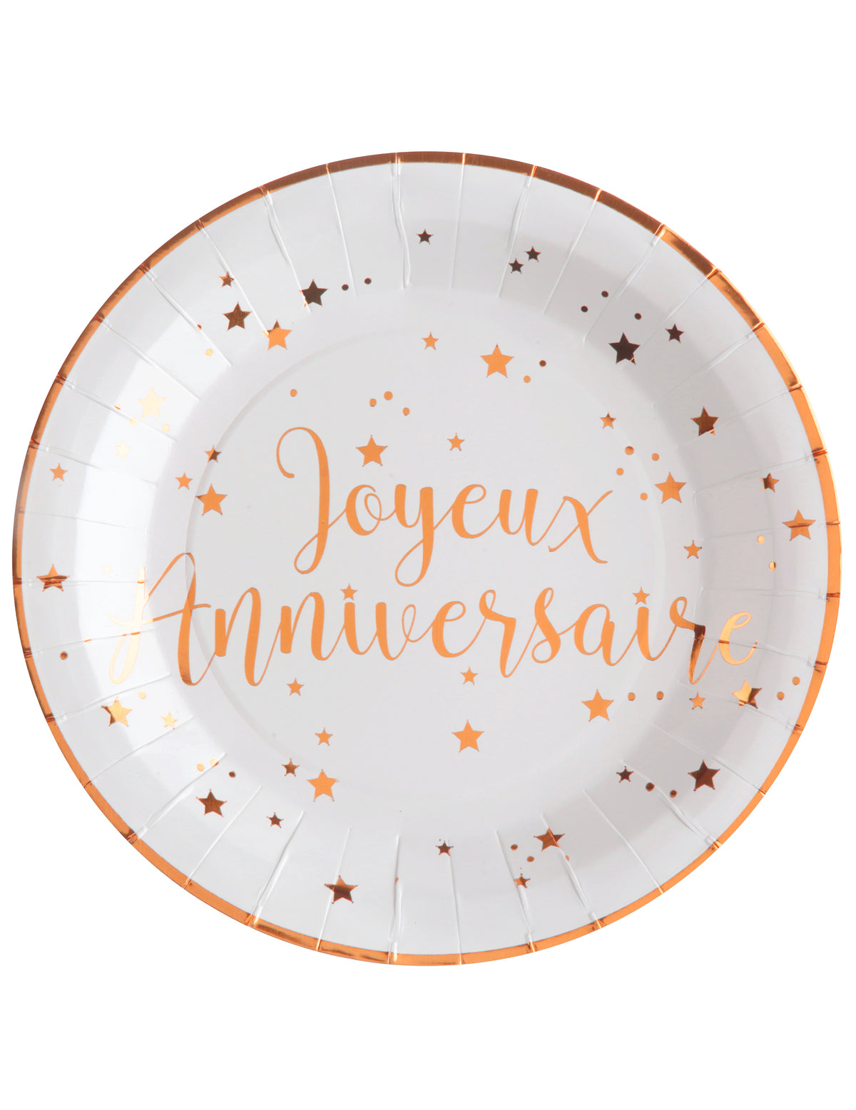 Assiettes en carton Joyeux Anniversaire blanches et rose gold à étoiles