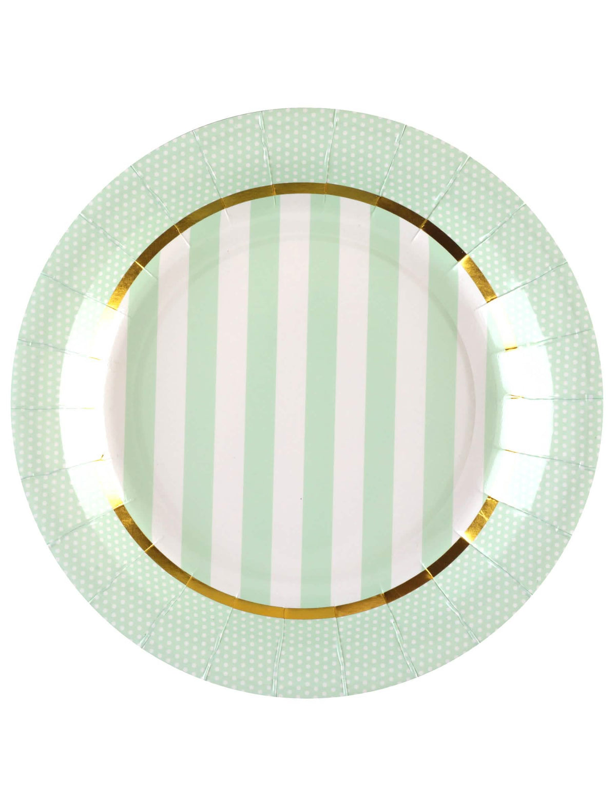 Kartonski tanjuri za baby shower, menta, s prugama i točkicama s zlatnim rubom