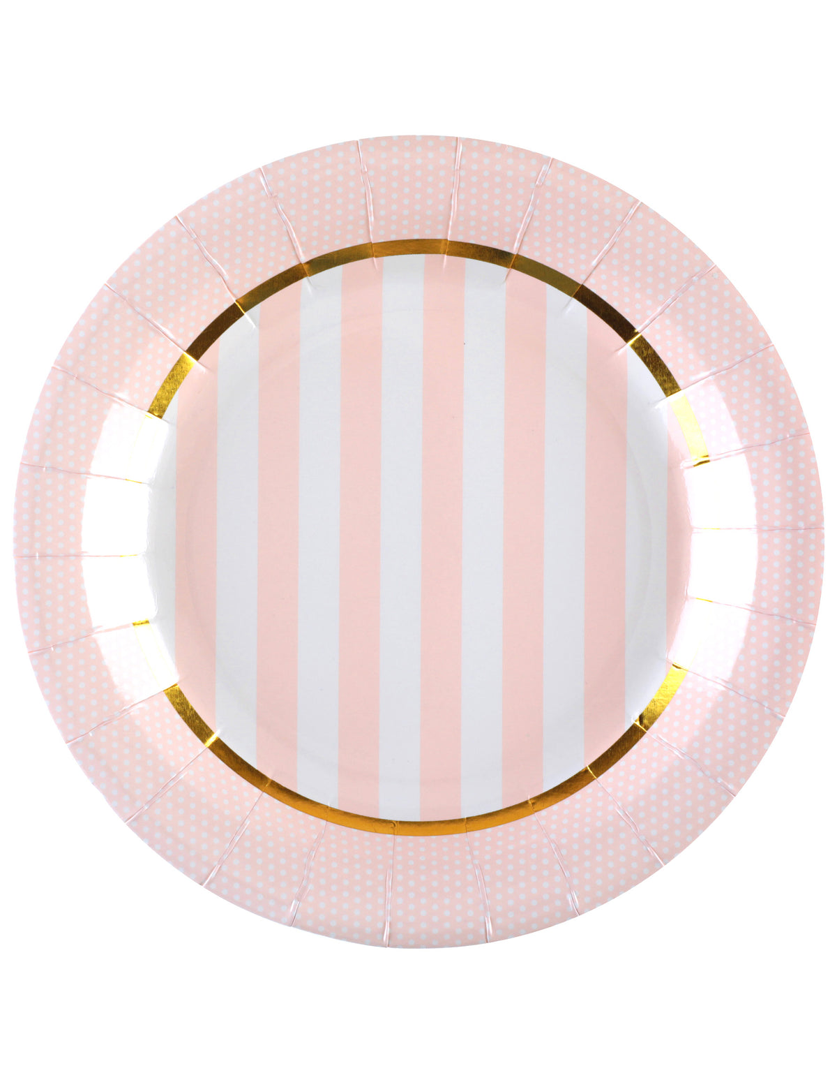 Assiettes en carton baby shower pour fête roses à rayures et pois avec bordure dorée