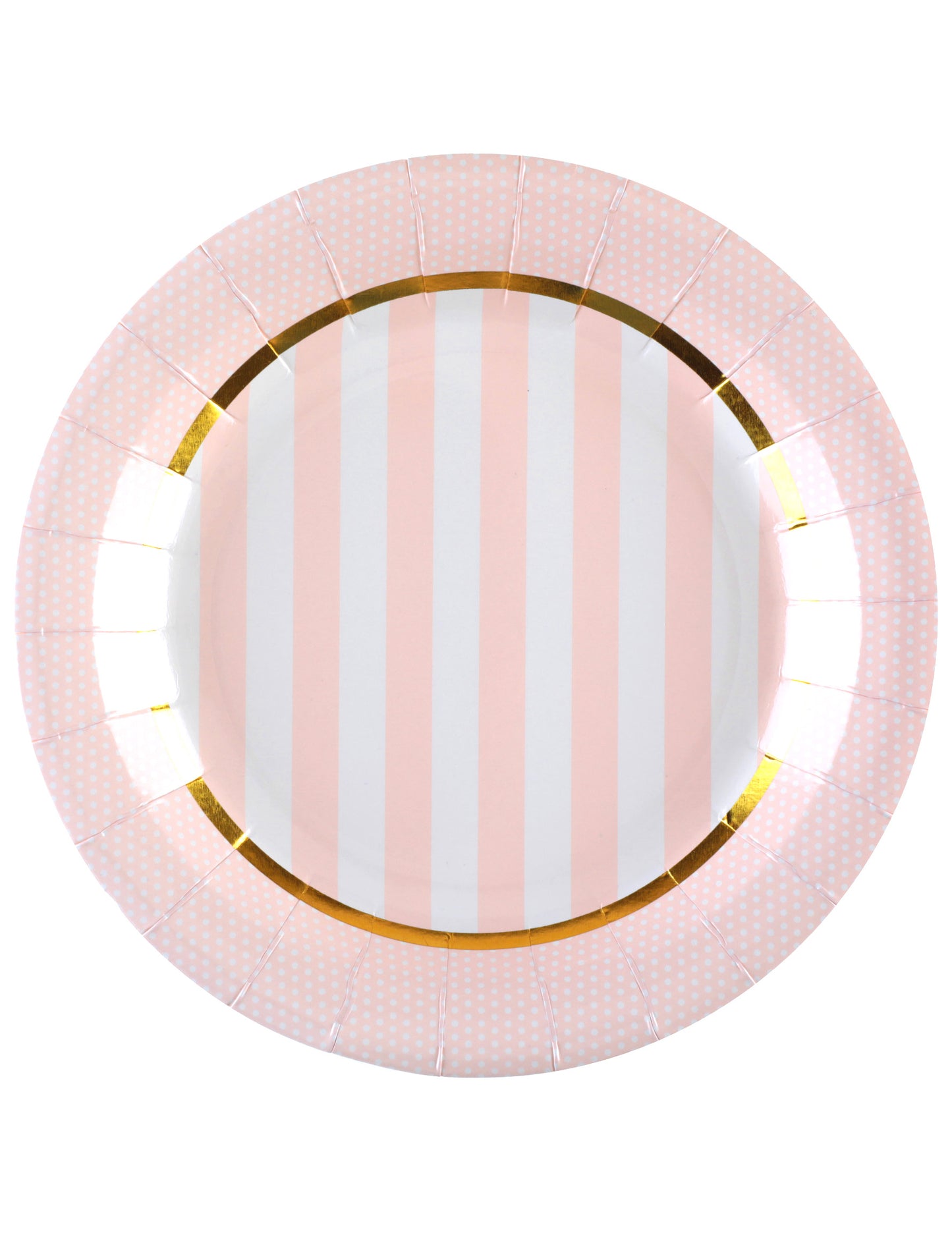Assiettes en carton baby shower pour fête roses à rayures et pois avec bordure dorée