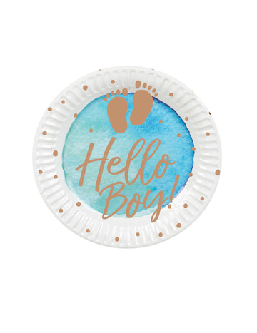 10 plavo-zlatnih kartonskih tanjura Hello Boy 23 cm baby shower