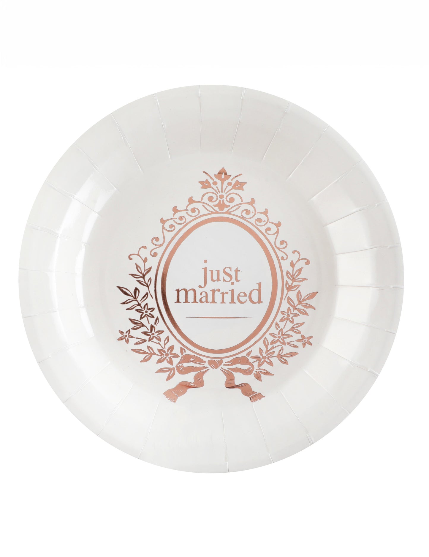 10 bijelih i ružičasto-zlatnih kartonskih tanjura "Just Married" 23 cm za elegantno vjenčanje