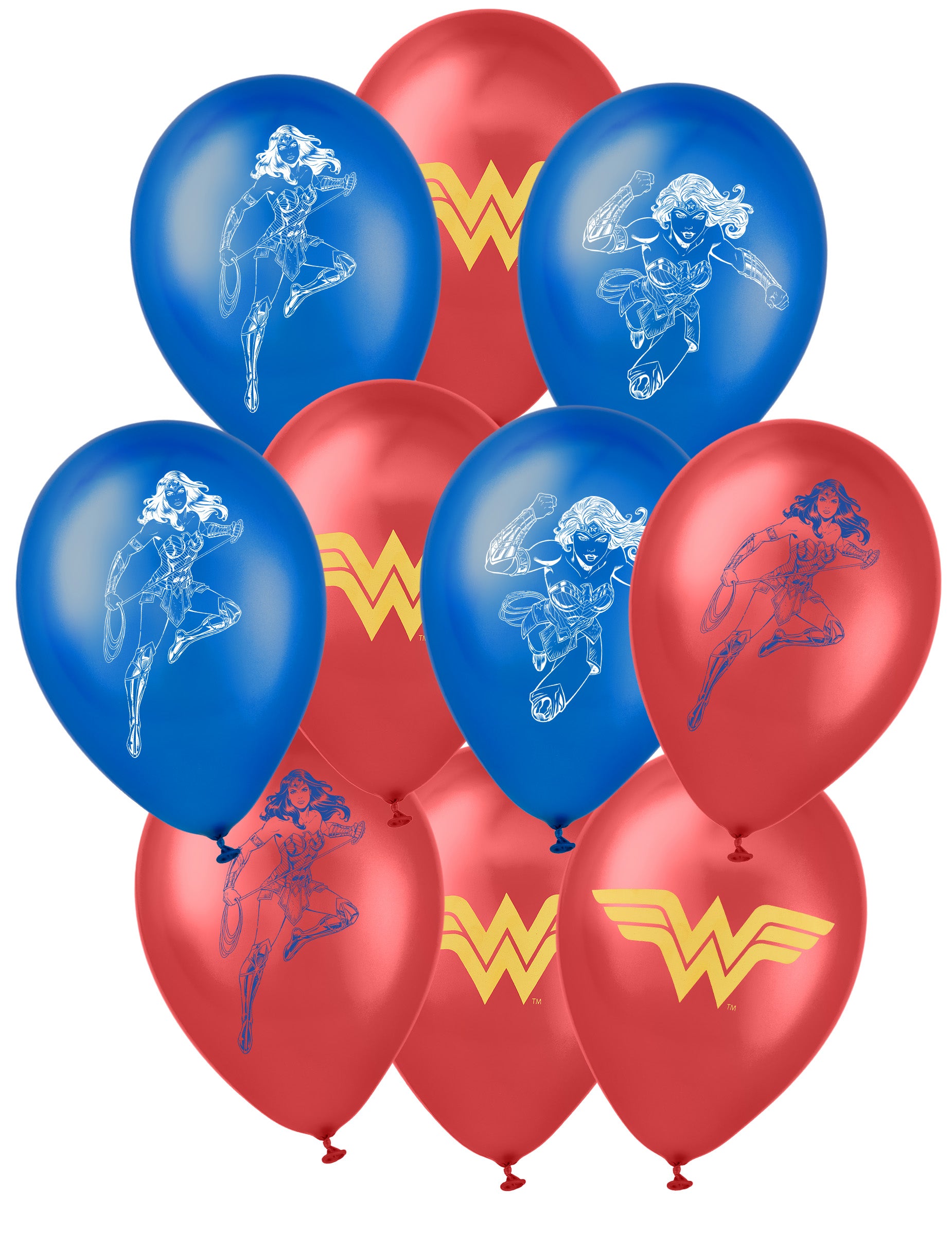 Ballons latex Wonder Woman pour fête rouges et bleus avec logo et personnage