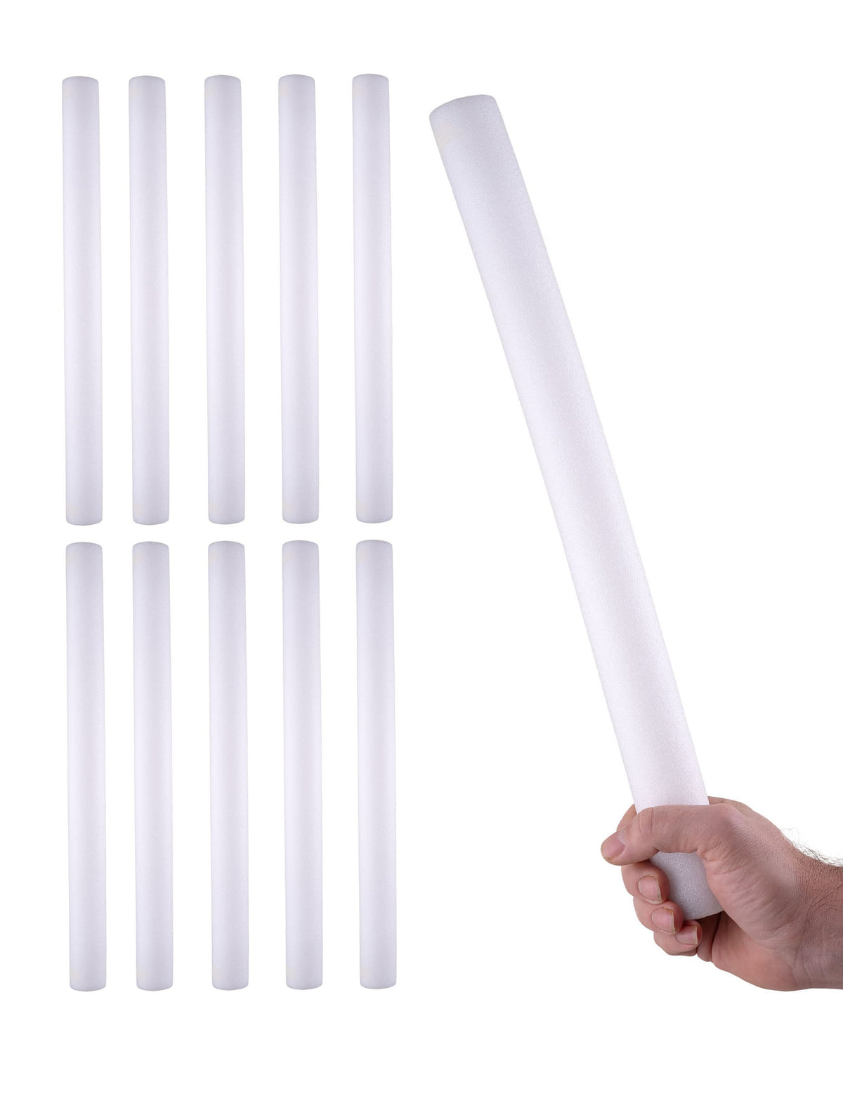 Vue du lot de 10 et prise en main du bâton lumineux LED en mousse multicolores