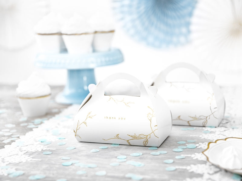 10 bijelo-zlatnih kartonskih kutija za torte s ručkama i natpisom "hvala"