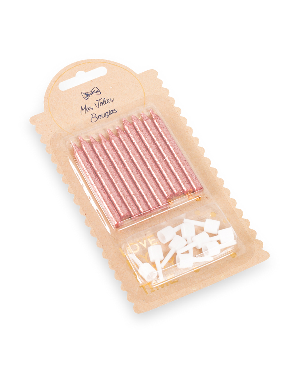 10 bougies avec bobèches d'anniversaire rose gold pailletées