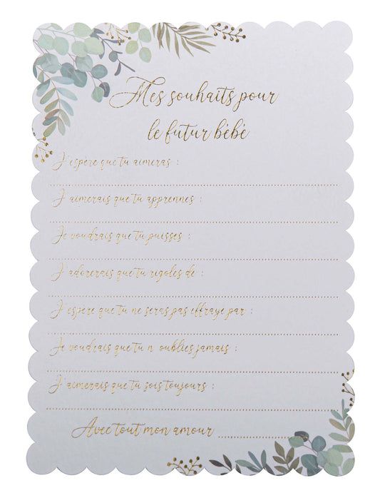 Cartes de souhaits Oh Baby pour baby shower avec motifs eucalyptus et texte doré
