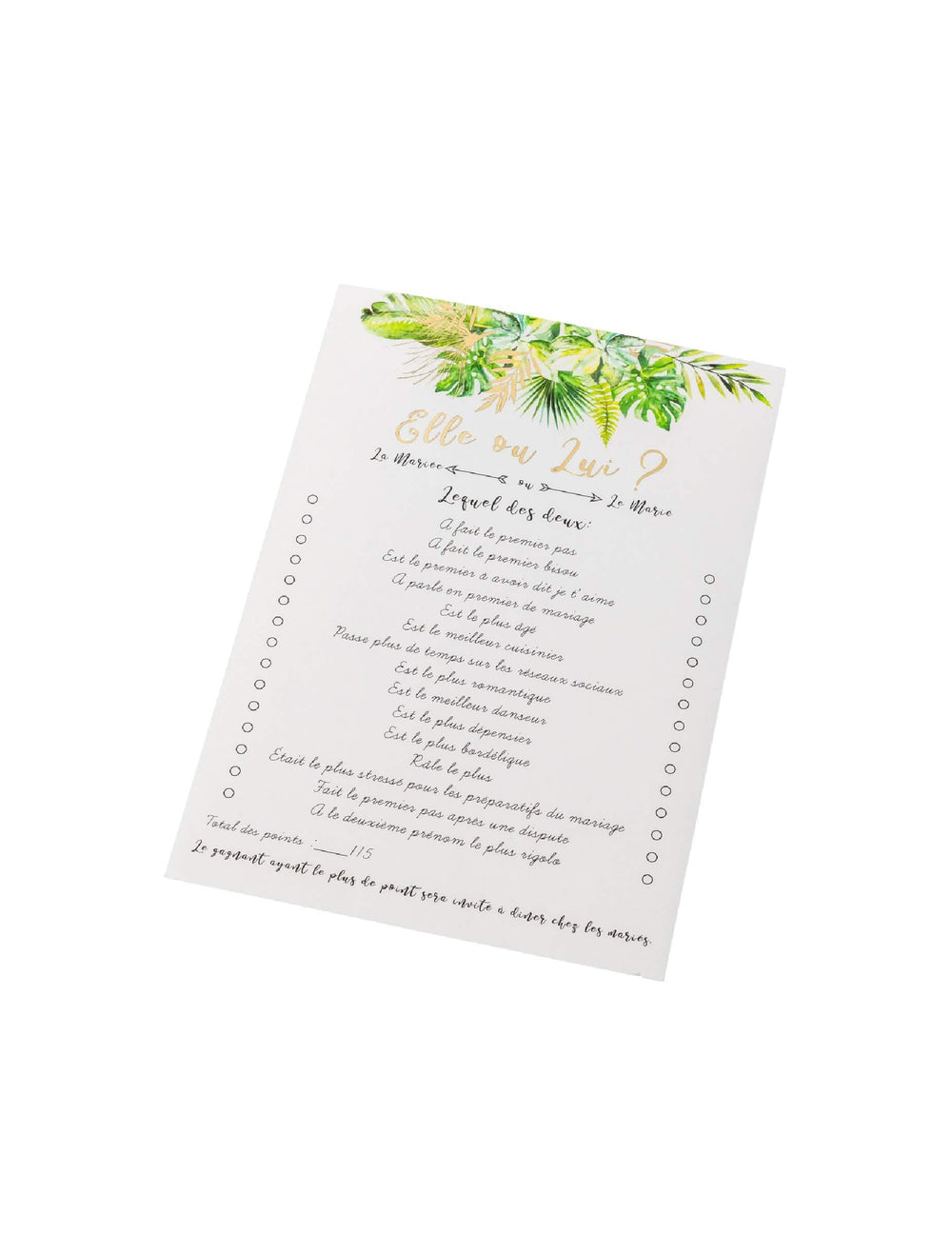 Cartes de jeu elle ou lui tropical pour animation mariage ivoire avec dorure