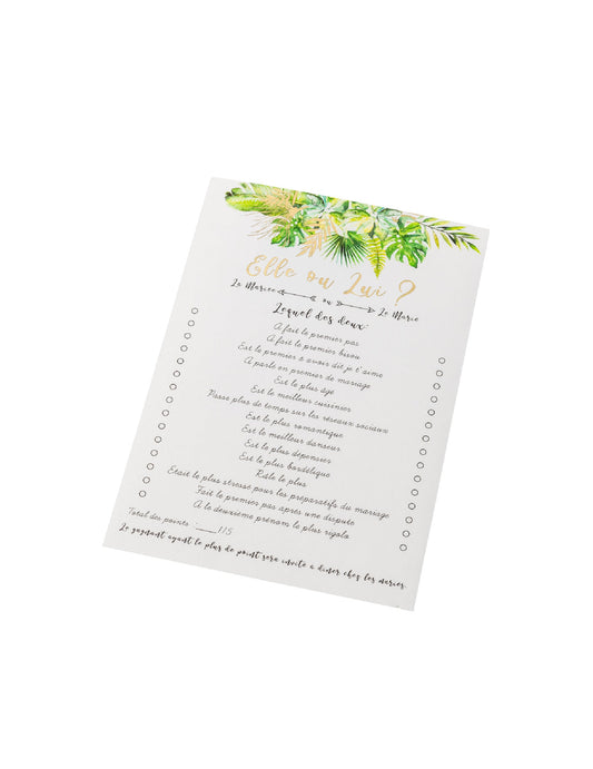 Cartes de jeu elle ou lui tropical pour animation mariage ivoire avec dorure