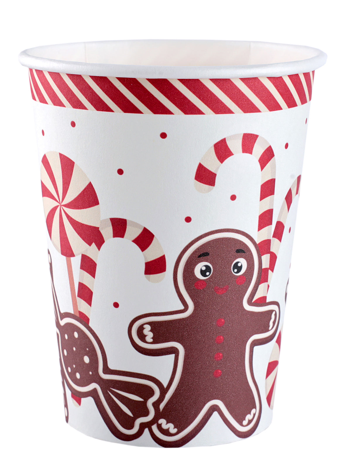 Gobelets en carton gourmandises de Noël pour fête blanc avec bonhomme de pain d'épices et sucres d'orge