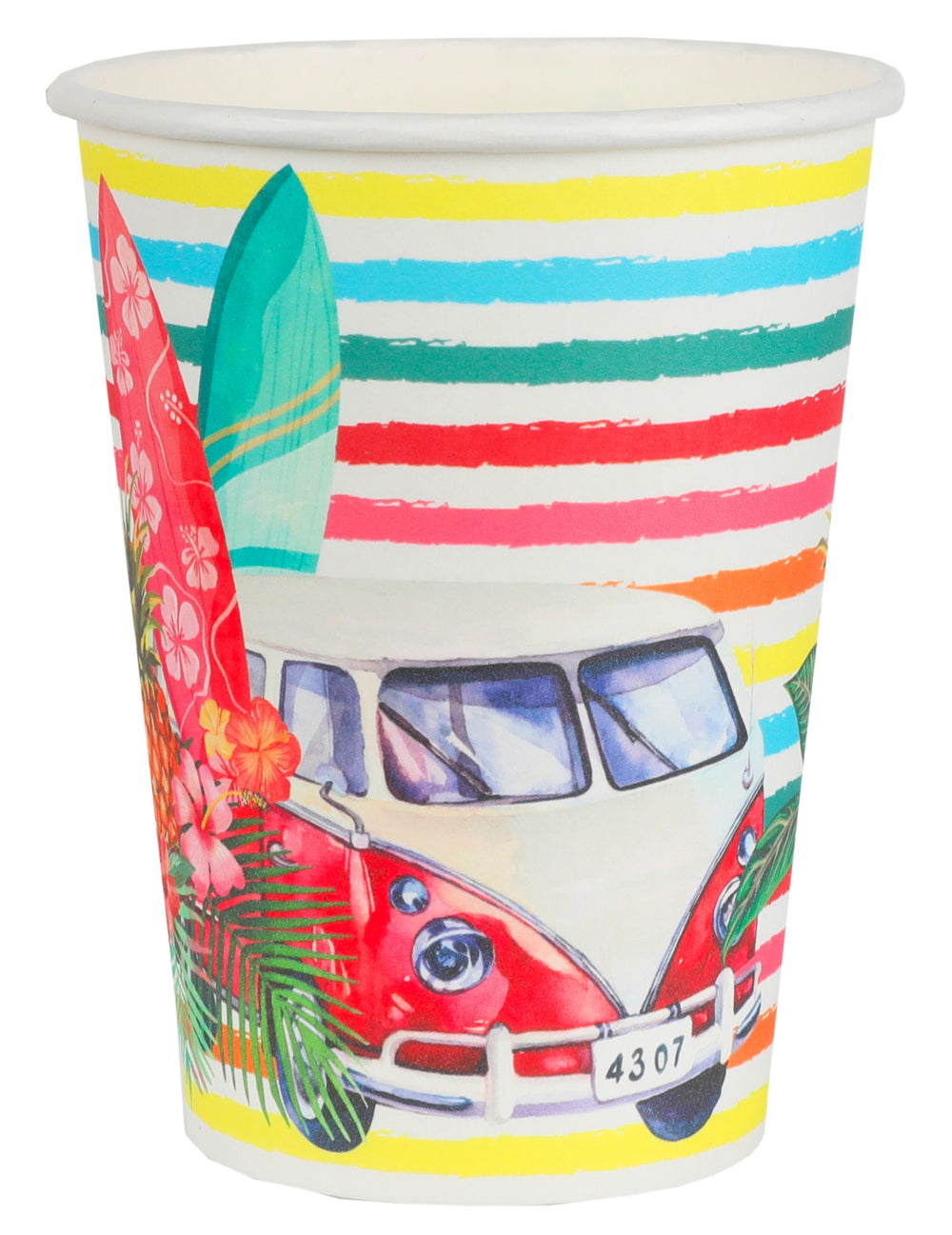 Gobelet en carton Aloha multicolore avec motif de van rouge et planches de surf