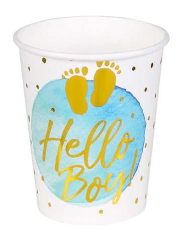10 gobelets en carton hello boy bleu et or 21 cl baby shower