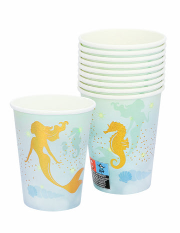 10 plavo-zlatnih kartonskih čaša s motivom sirene, 210 ml
