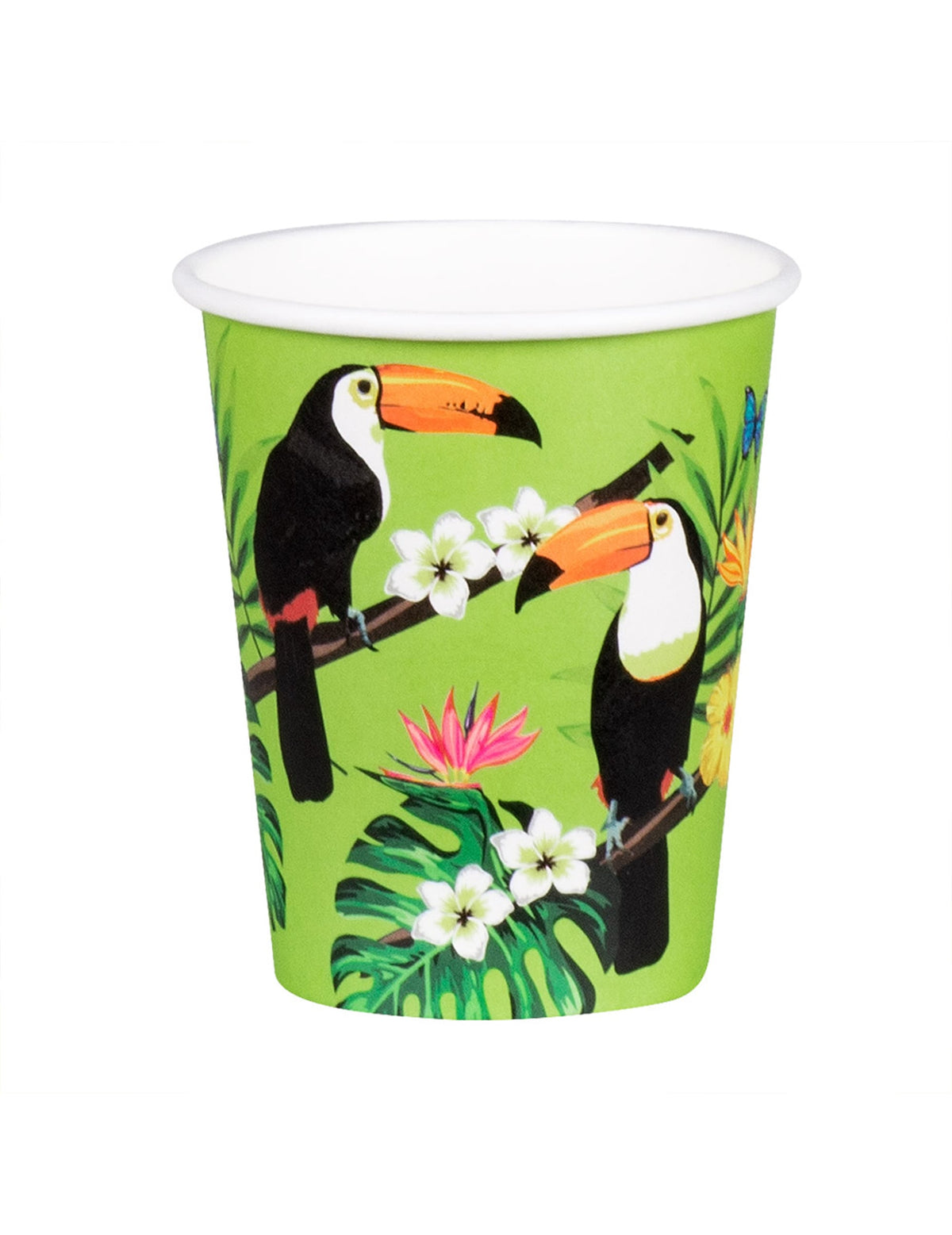 Gros plan sur les motifs du gobelet en carton toucan