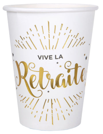 10 bijelo-zlatnih kartonskih čaša "Vive la retraîte", 7,8 x 9,7 cm cm za ukras