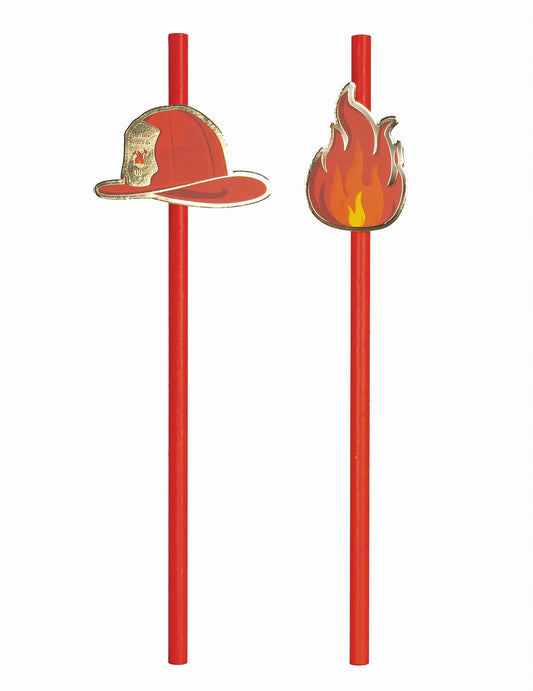 Pailles en carton Pompier rouges avec médaillons casque et flamme