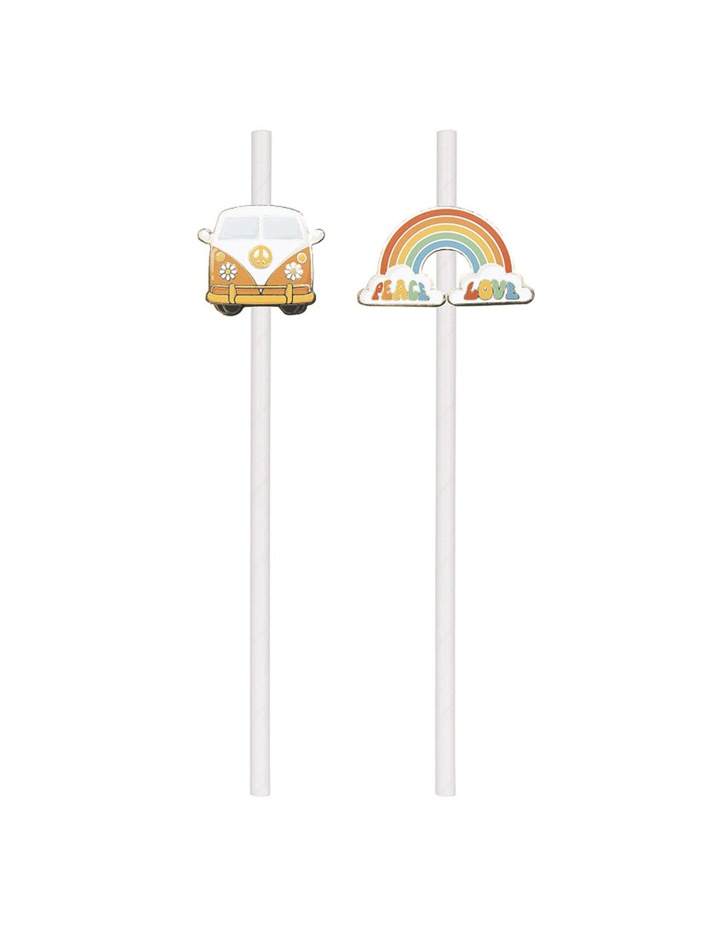 Pailles en carton Hippie pour fête avec motifs van et arc-en-ciel multicolores