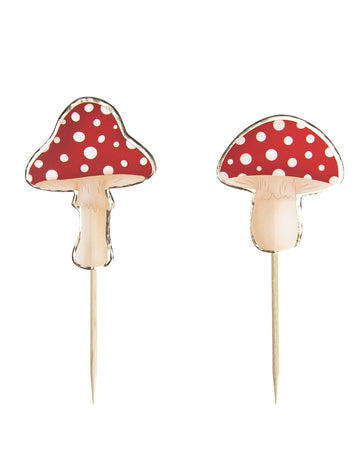 10 crvenih i bijelih drvenih štapića za koktele u obliku gljiva