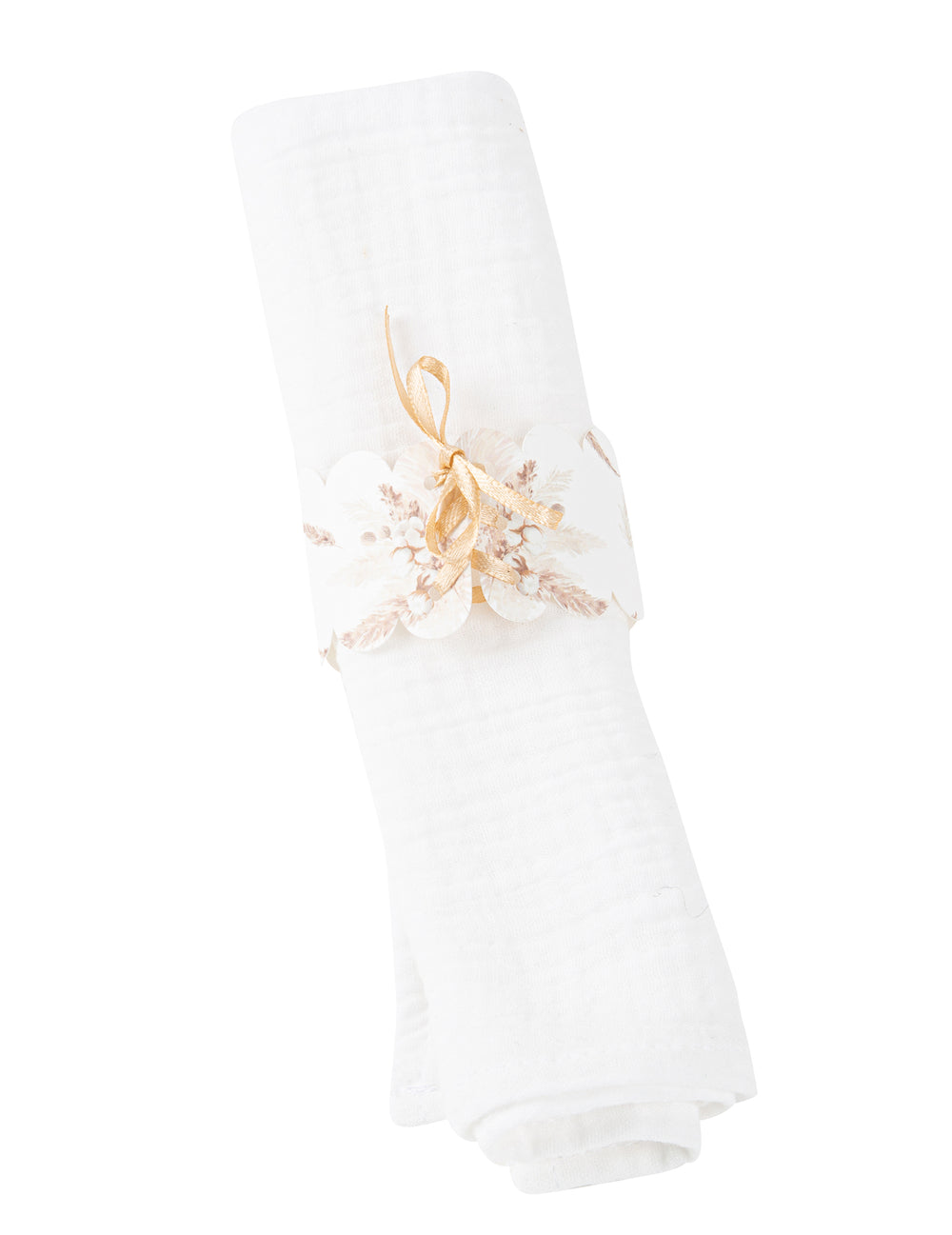 Ronds de serviette pampas et fleurs de coton en papier blanc et doré