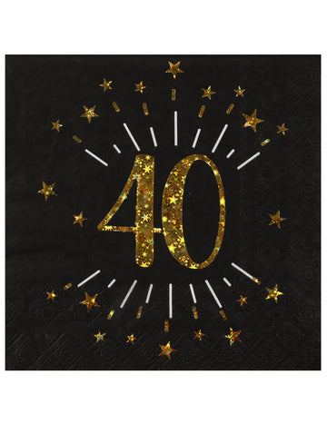 10 crno-zlatnih papirnatih salveta "Sretan rođendan 40" sa zlatnim zvjezdicama