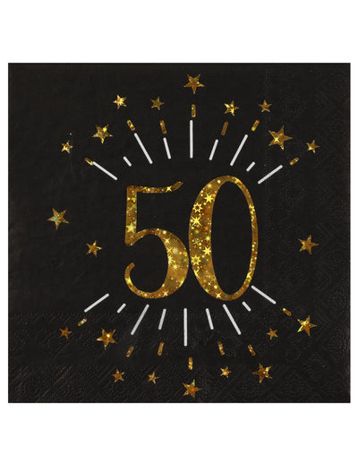 Serviettes en papier anniversaire 50 ans pour adulte noir et or avec étoiles