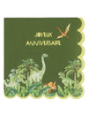 Serviettes en papier festonné joyeux anniversaire dinosaures vert avec illustrations de diplodocus et t-rex