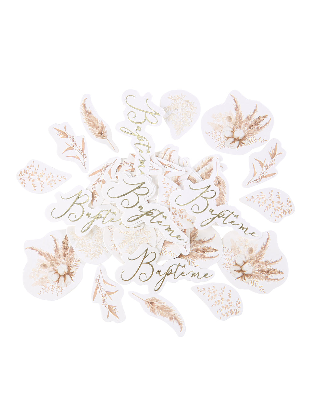 Confettis de table pampas et fleurs de coton pour baptême dorés