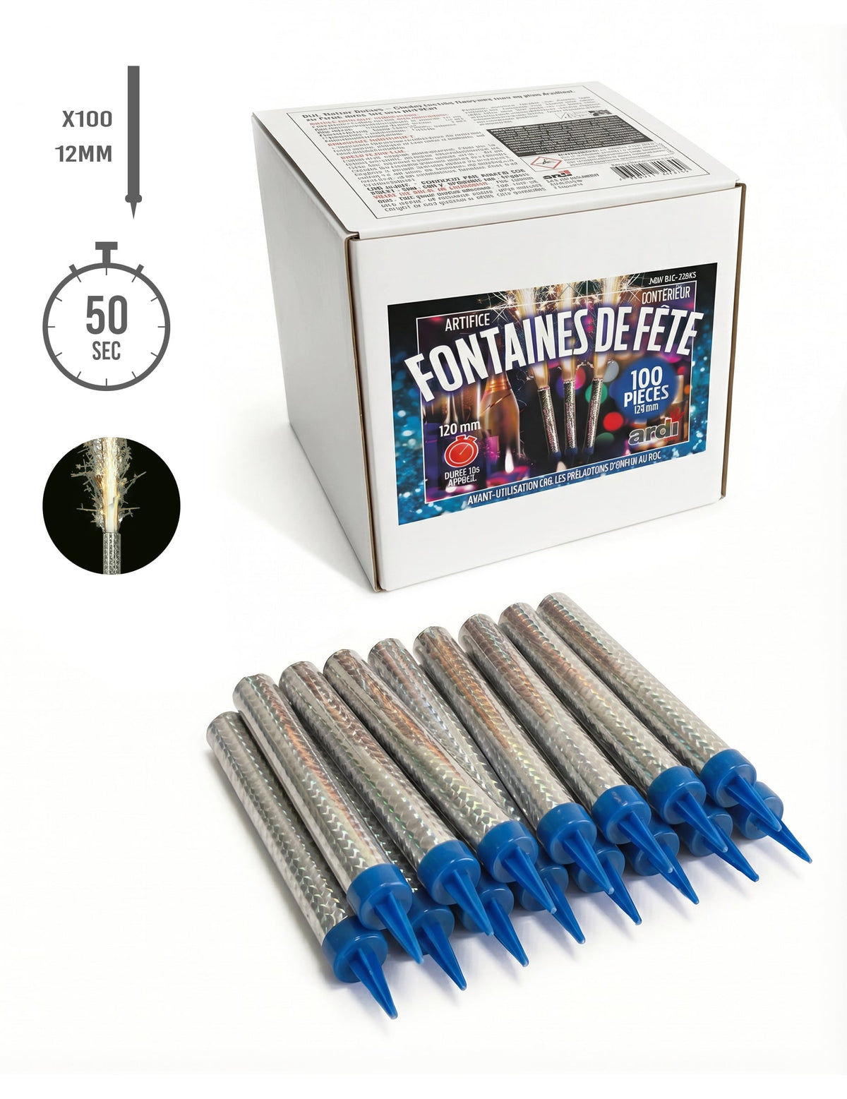Fontaines scintillantes 50 secondes pour fête argentées lot de 100