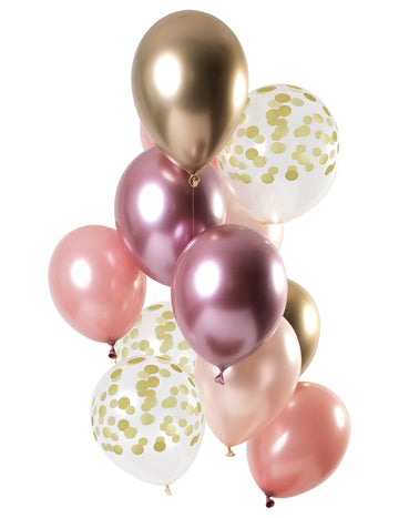 12 ballons en latex rose gold et or 33 cm avec confettis