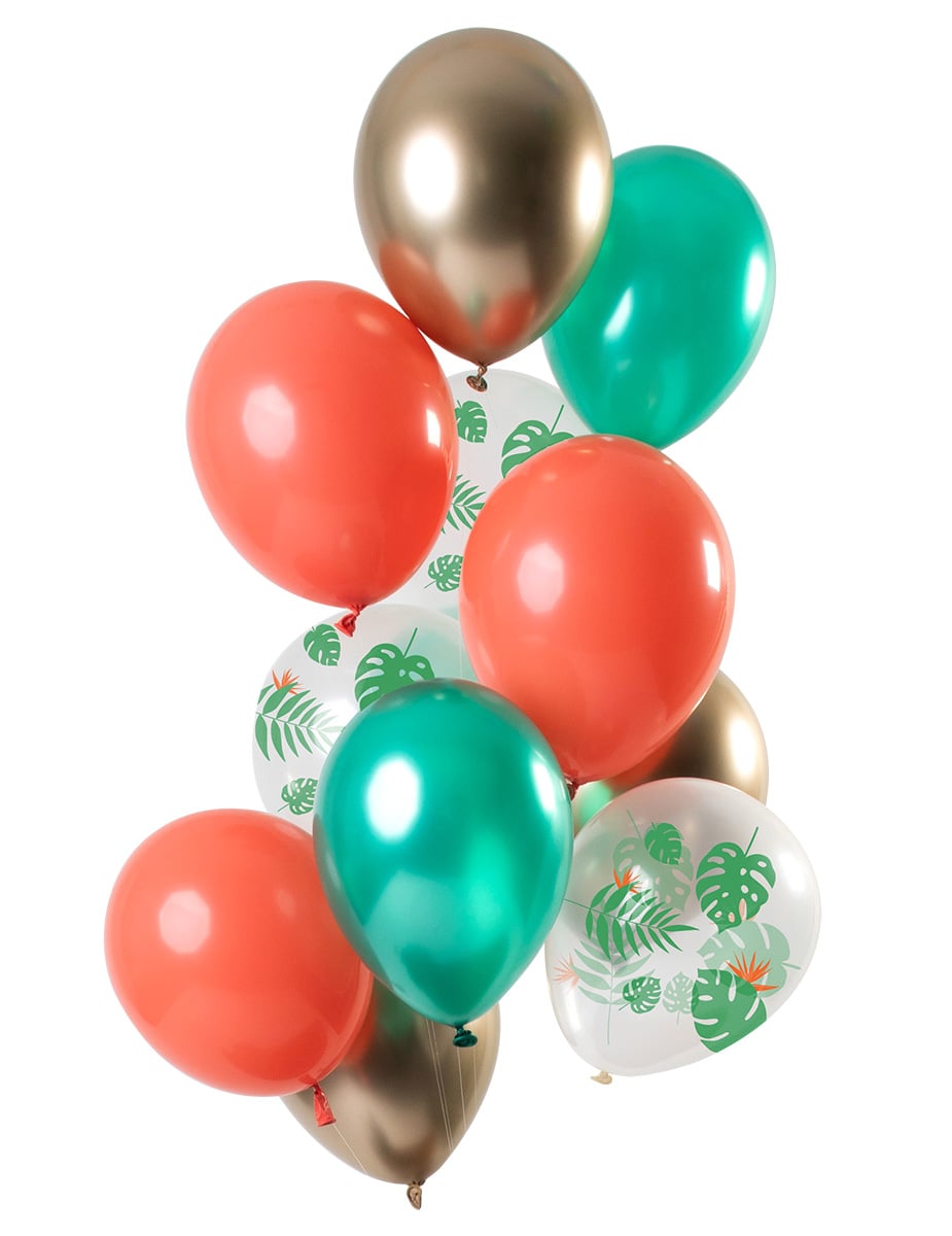 Ballons en latex tropical pour fête hawaïenne multicolores métallisés avec motifs feuilles