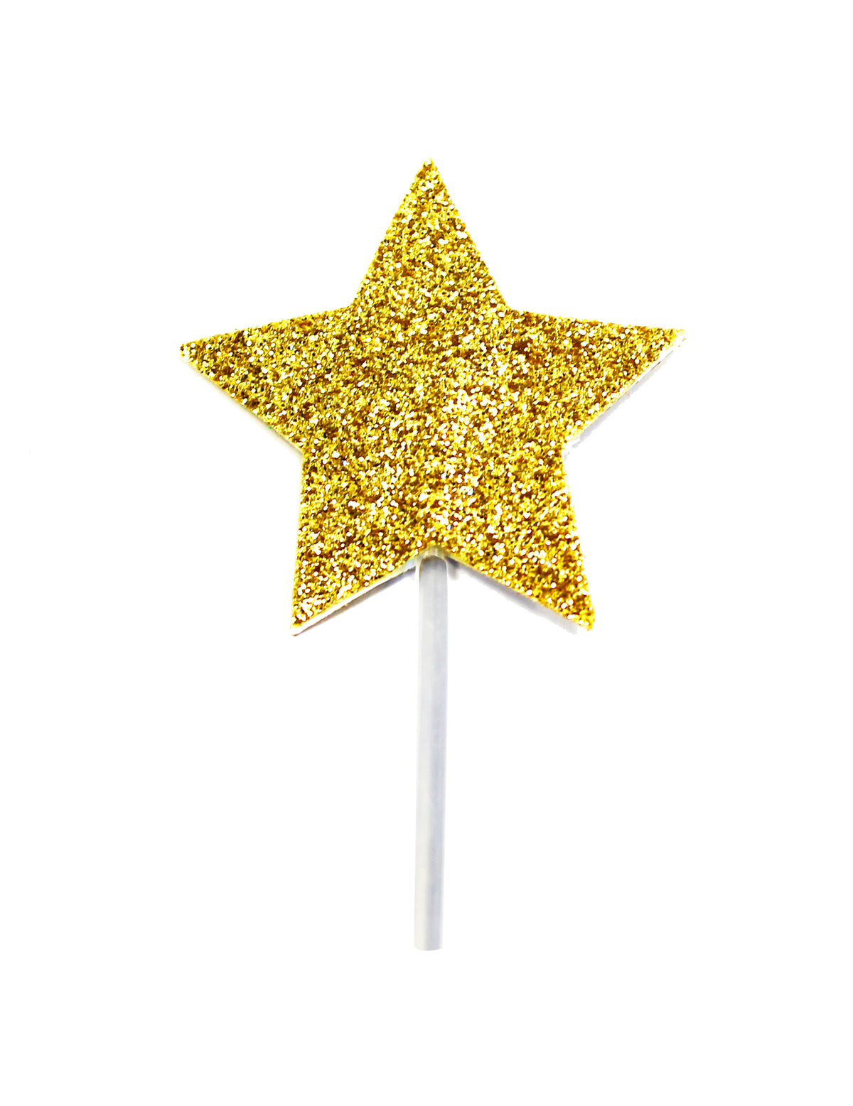 Gros plan sur les paillettes dorées du cake topper sur pic étoile pour anniversaire