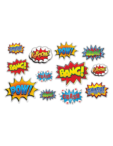 12 décorations murales en carton héros 15 à 31 cm vignettes bd