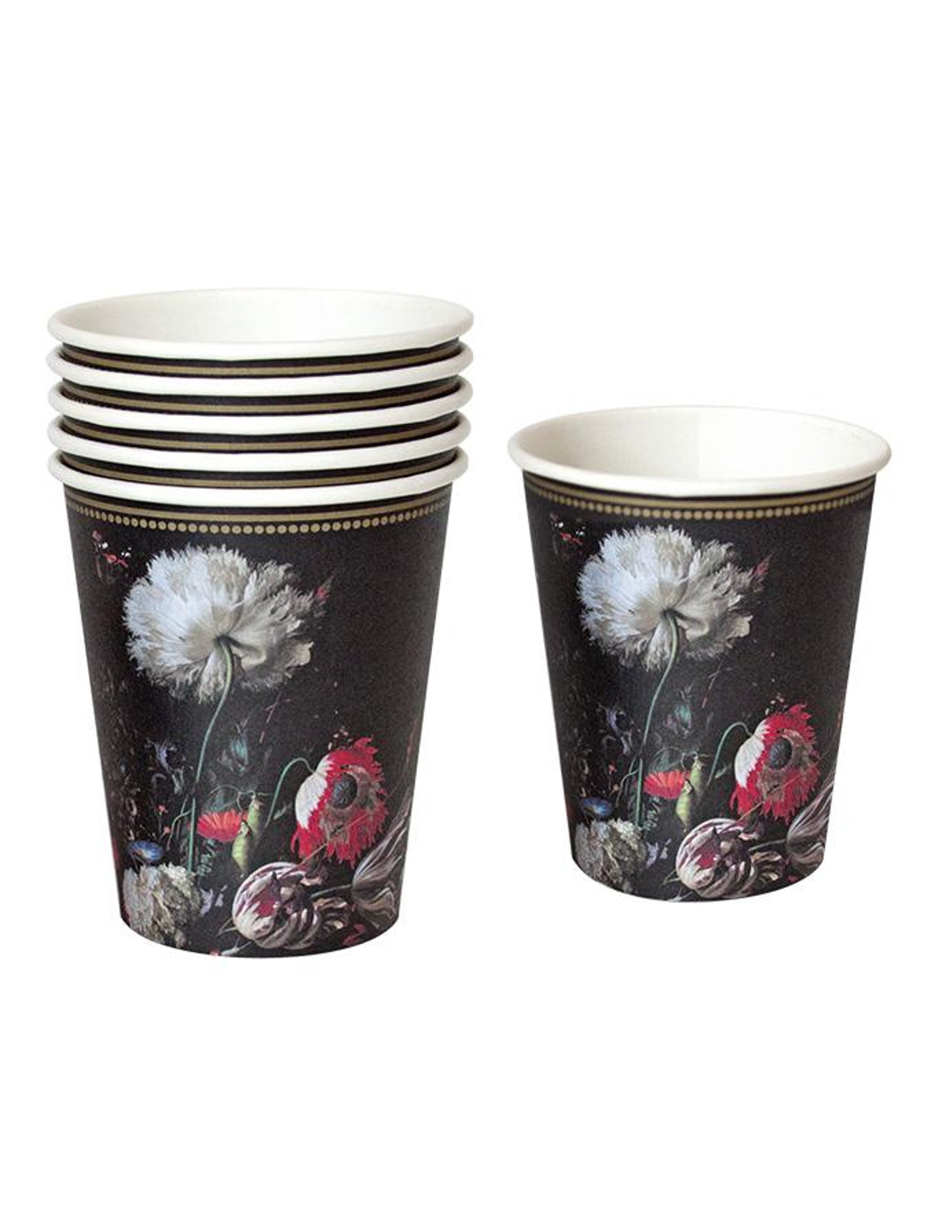 Gobelets en carton porcelaine baroque noirs avec fleurs rouges et blanches