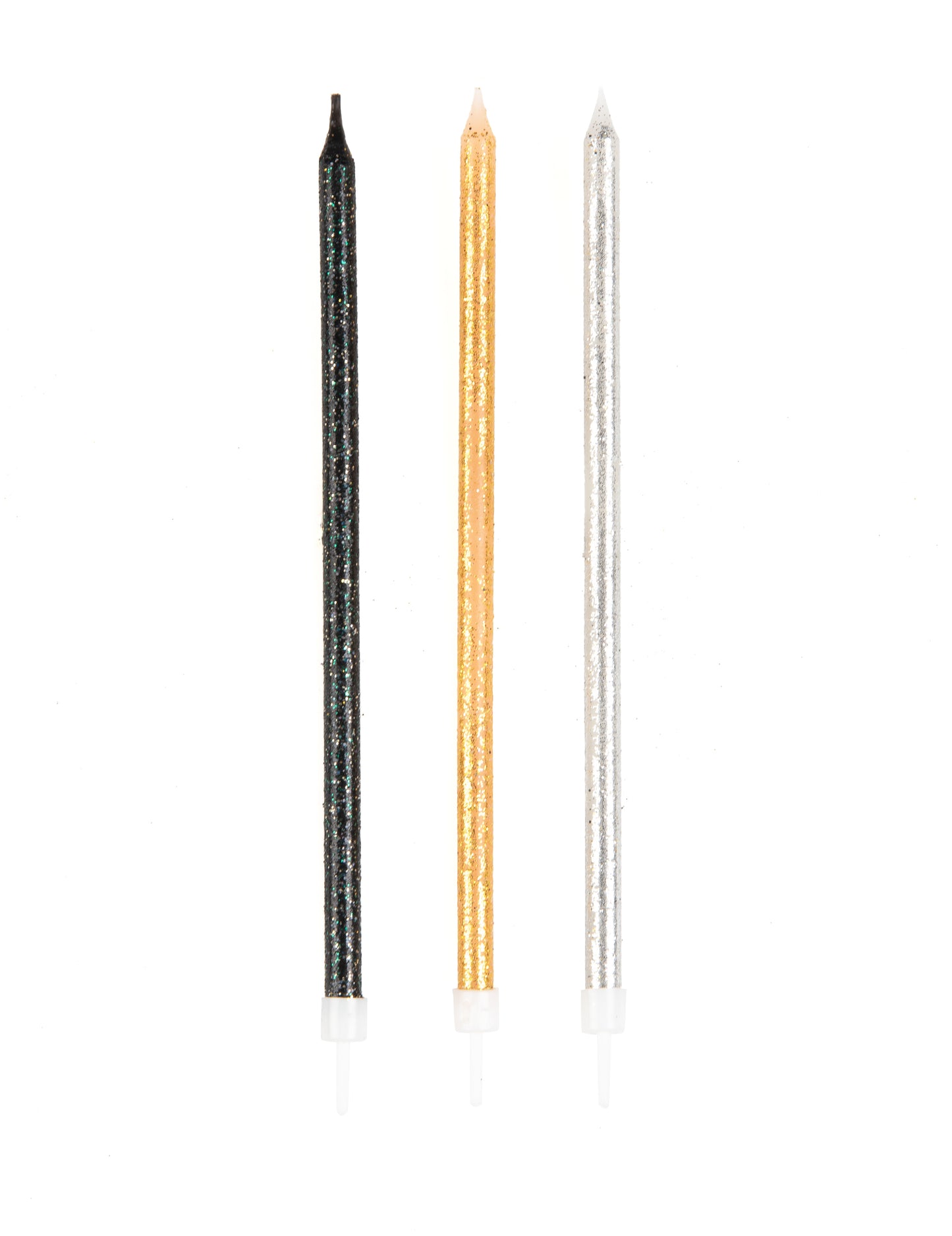 12 velikih svjećica sa šljokicama u crnoj, zlatnoj i sivoj boji 15 cm 
