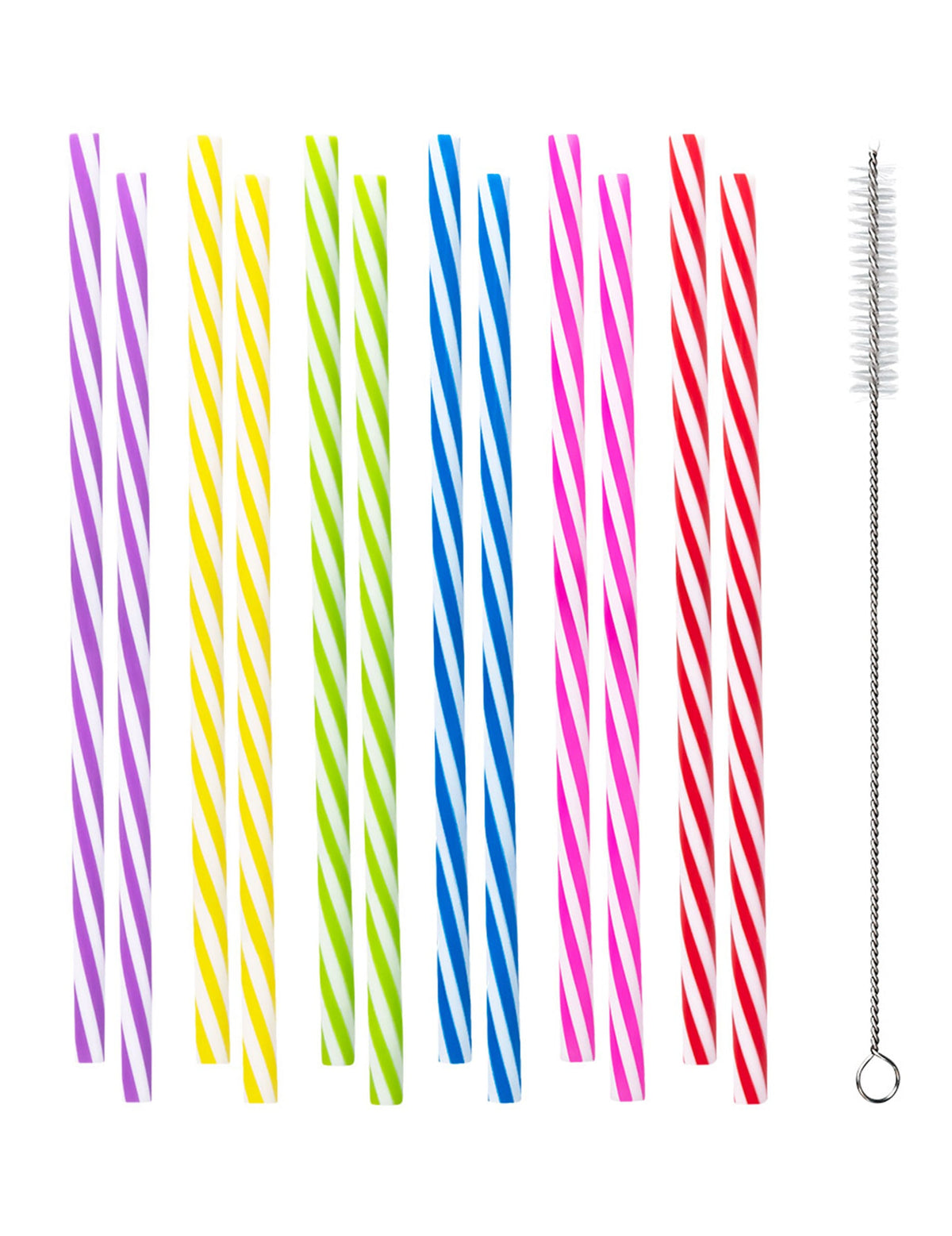 12 pailles en plastique réutilisable rayées pour fête multicolores avec goupillon de nettoyage