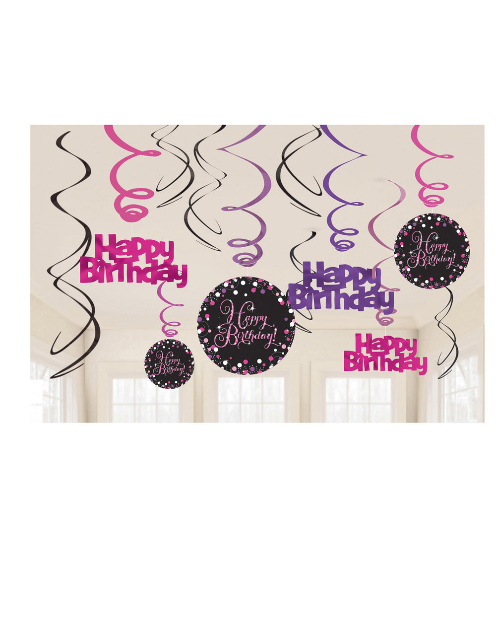 Suspensions spirales Happy Birthday célébration pétillante pour anniversaire rose violet et noir