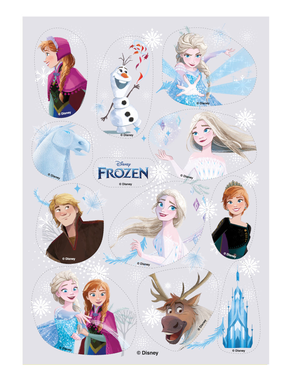 12 mini disques en sucre La Reine des Neiges multicolores avec Elsa Anna et Olaf