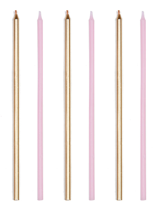 Bougies géantes d'anniversaire pour fête rose et doré métallique avec bobèches